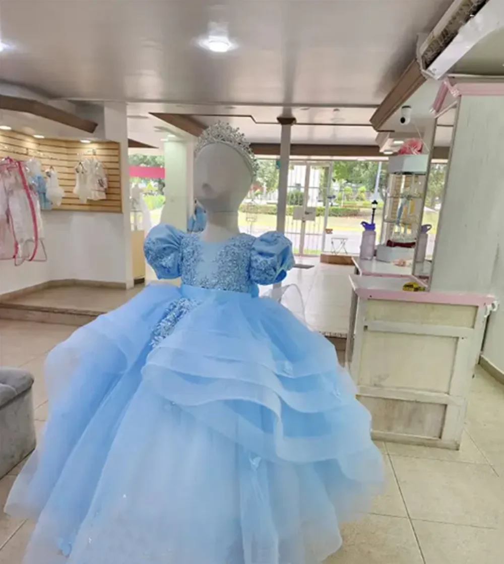 

Customized Blue Flower Girl Dresses For Wedding Gorgeous Appliques With Bow Elegant Princess Quinceanera First Communion Gown