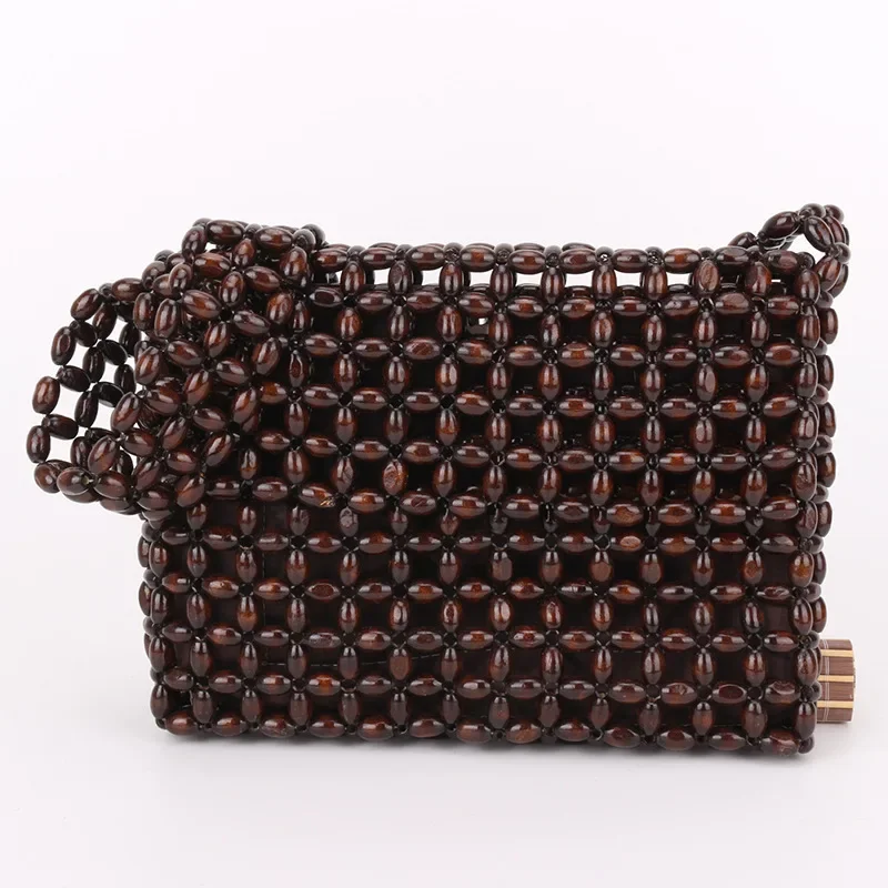 New Custom Retro Lining Flap for Women's Shoulder Bag Simple Casual Dark Coffee Colored Wooden Bead Beaded Woven Crossbody Bags