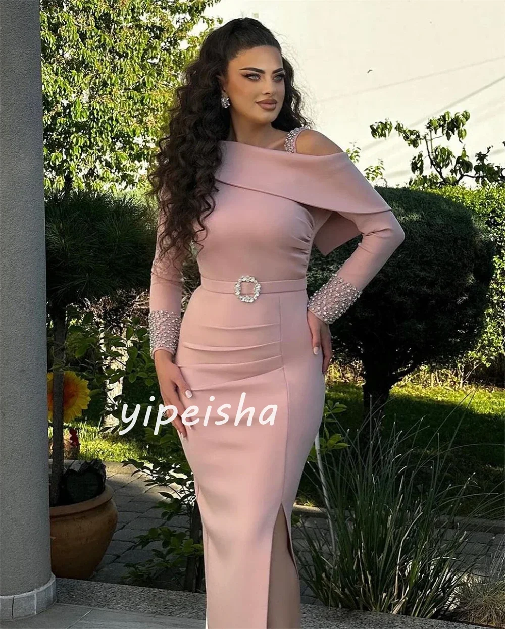 Customized Jersey Rhinestone Sash Christmas Sheath Off-the-shoulder Bespoke Occasion Gown Long Dresses