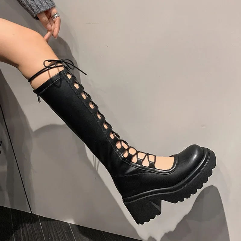 

Designer Summer Cool Boots Fashion Knee High Boots Breathable Hollow Out Mesh Boots Lace Up Platform Booties Women Knight Botas