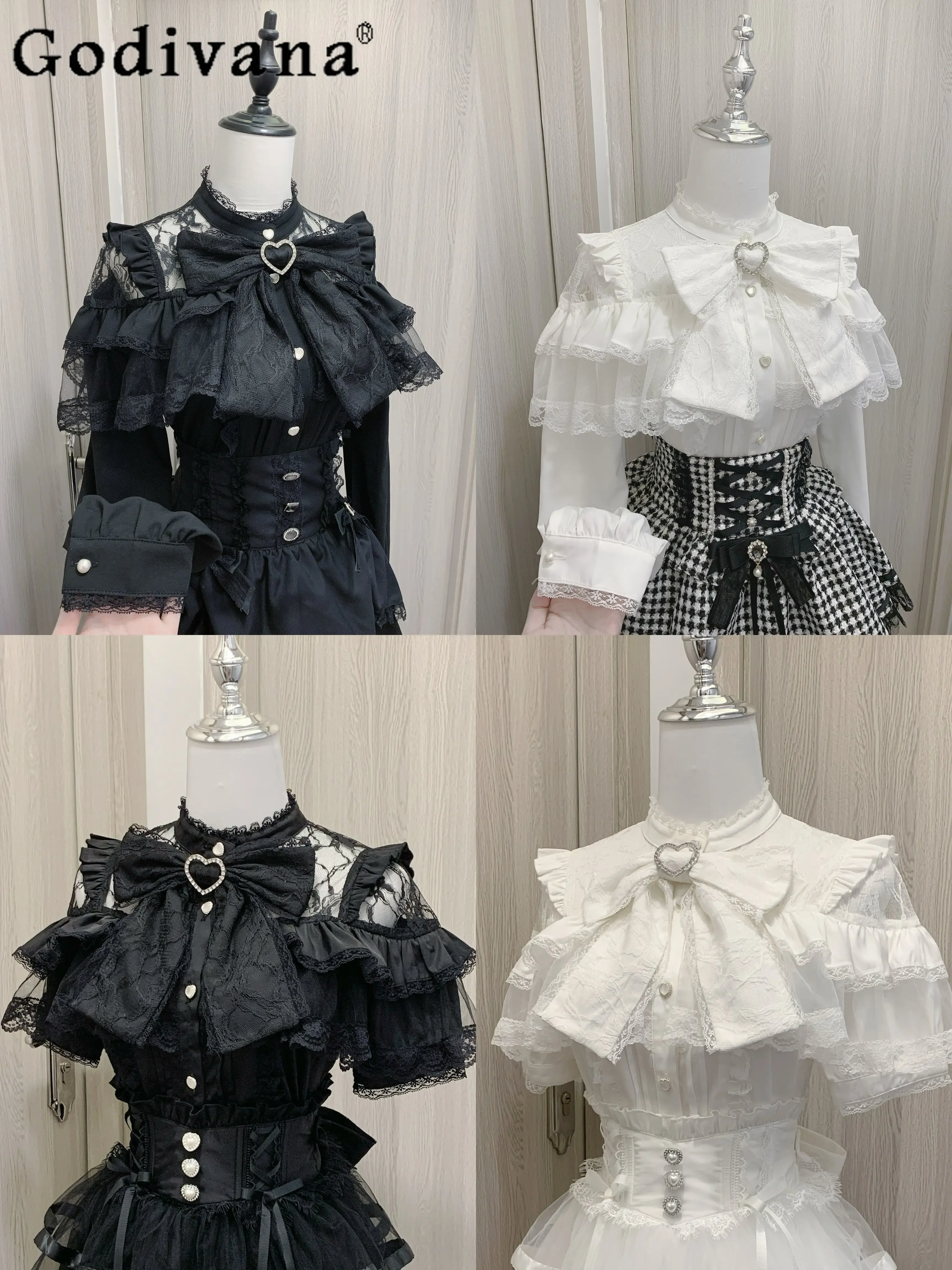 

Japanese Style Mass- Produced Mine Lolita White Shirt Women's Lace Bow Cute Sweet Heavy Long-sleeved Shirt Lady Y2k Skirt Autumn