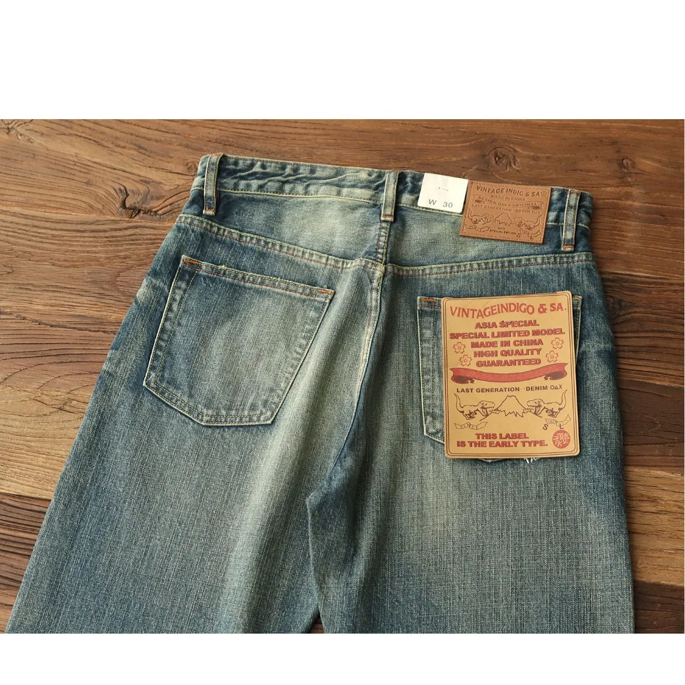 13.5OZ heavyweight red ear straight jeans men's denim washed distressed whiskers American retro loose casual long pants