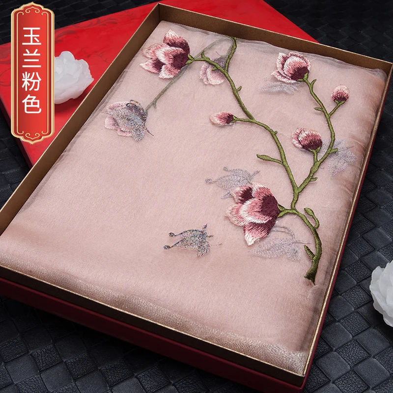 Real Silk Scarf With Embroidered Flower Shawl Women Hijab Elegant Long Scarves Summer Solid Color Headscarf  E5758