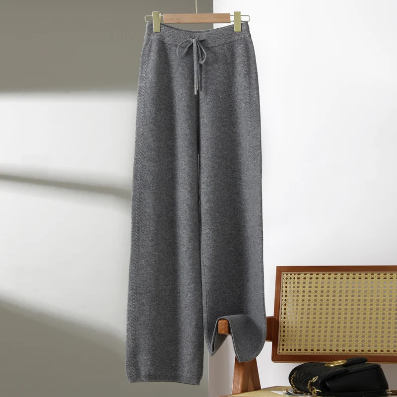 

100% merino wool women's knitted trousers, twist pattern, warm, thickened, wide-leg pants, 2024 new autumn and winter style