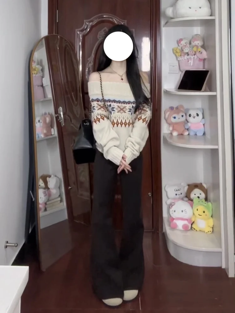 Sweter damski w stylu retro Fair Isle z odkrytymi ramionami, luźny, swobodny, z odkrytymi ramionami, dzianinowy top w stylu forest system na jesień i zimę.