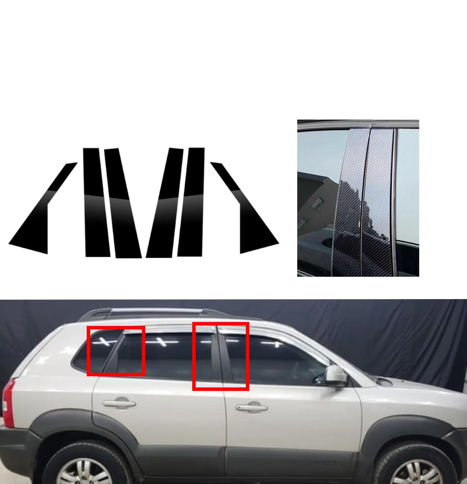 

Gloss Black Pillar Posts Silver Carbon Fit Hyundai Tucson 2007 2008 2009 2010-2013 Window Decor Door Side Mouliding Trim Cover