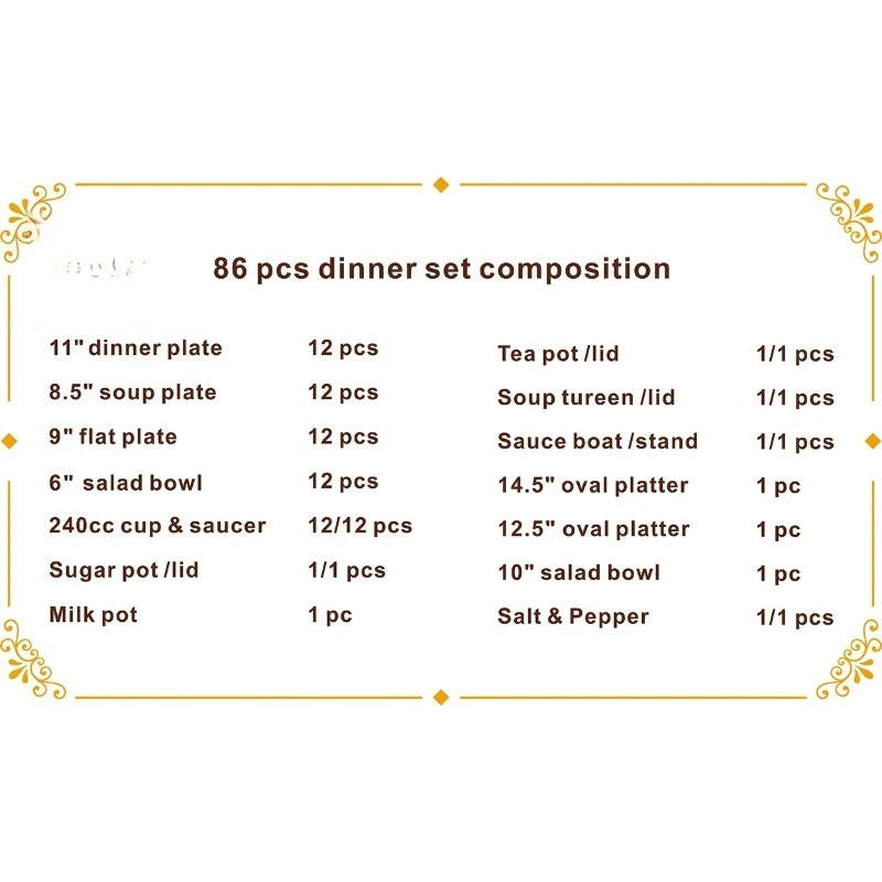 86pcs White Porcelain Luxury Germany Gold Royal Dinner Plates Dish Sets Dinnerware Set