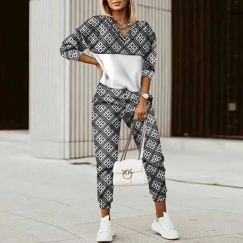 Set di due pezzi donna Casual stile sportivo Patchwork stampato con cappuccio Set pantaloni felpa tuta primavera autunno tute femminili