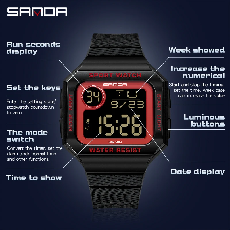 SANDA Fashion Men\'s Watches Sport Military Watch Resistant Waterproof LED Digital Wristwatch for Men Clock relogio masculino