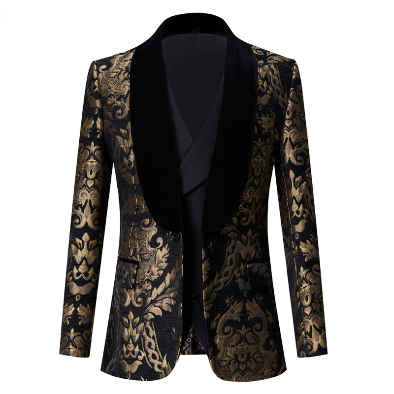 

Luxury Gold Floral Jacquard Tuxedo Suit Jacket Men Shawl Collar One Button Blazers Mens Wedding Dinner Party Costume Homme