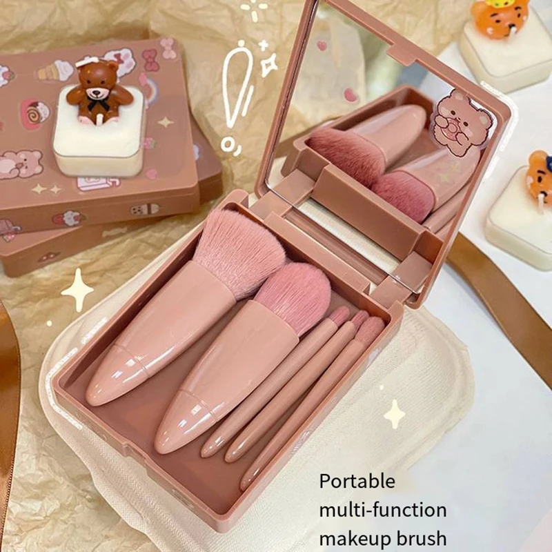 Set kuas Makeup Mini portabel, 5 buah kuas kosmetik fungsi lengkap kecil dengan casing cermin multiwarna