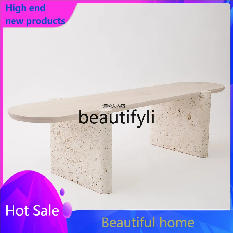 

Nordic natural travertine coffee table, solid wood wabi-sabi wind living room creative long oak low table