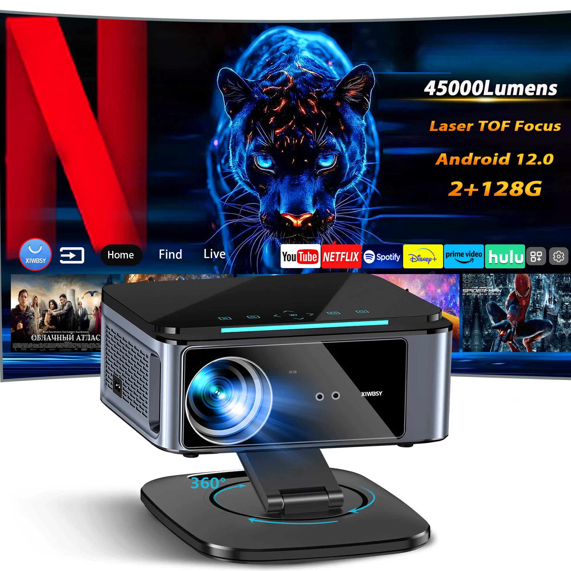 XIWBSY 45000 Lumens TOF Focus Projector 4K Android 12.0 BT5.3