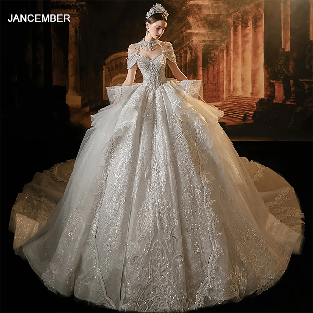 

Jancember Romantic Brand New Wedding Dress 2024 Backless Short Sleeves O-Neck Crystal Beading Ruffles Vestido De Novia LSMX020