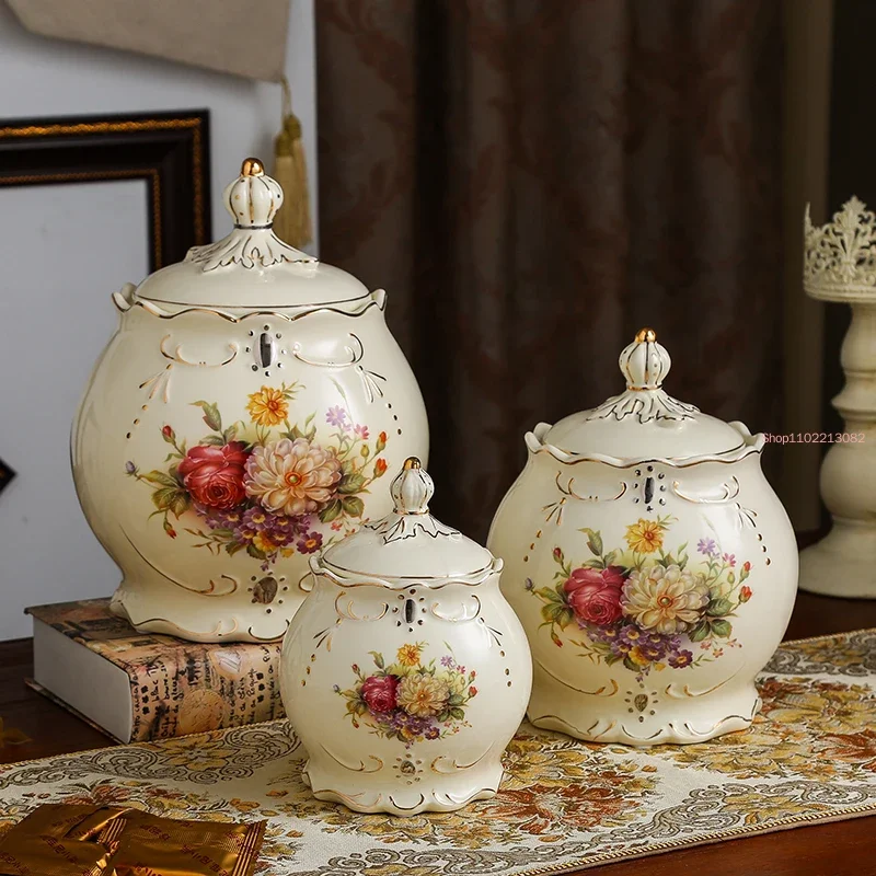 

European-style Ceramic Sealed Candy Jar Coarse Grain Storage Cans with Lids Tea Cans Home Kitchen Storage Decoration Kimchi Jar
