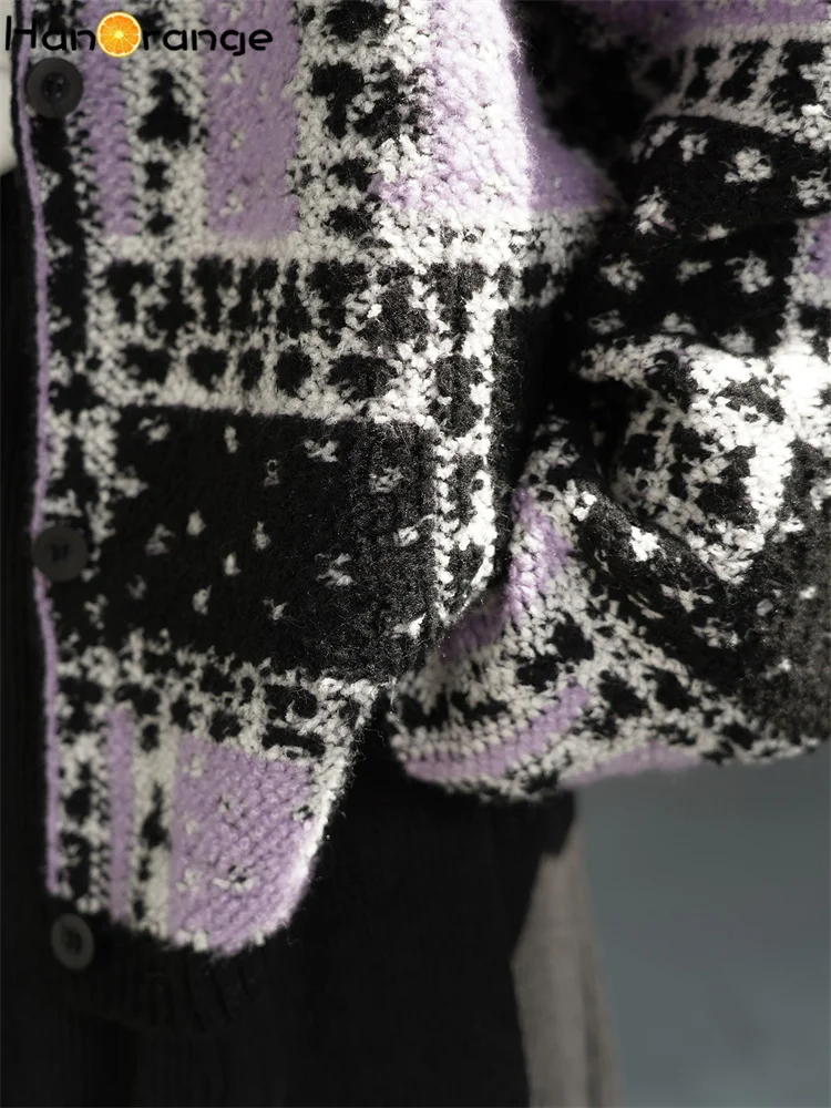 HanOrange 2025 الشتاء الرجعية الفن كتلة التباين قصيرة رداء علوي من الصوف المرأة فضفاضة قمة الموضة الأرجواني #5