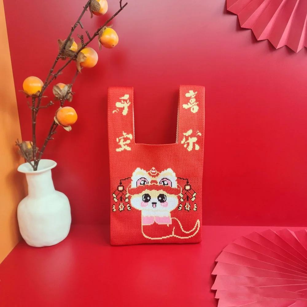 

Simple Cartoon Knot Wrist Bag Weave Year of The Snake Red Tote Bag Purse New Year Gift Wool Bucket Bag Student