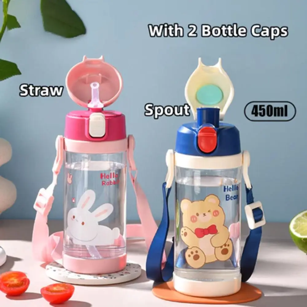 

Cute Cartoon Straw Cup High-capacity with Two Cup Lids Water Cup Adjustable straps Portable Water Bottle Children