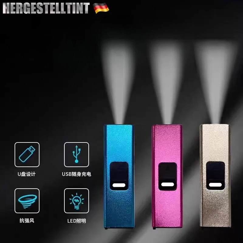 Металлическая ветрозащитная зажигалка с зарядкой через USB, светодиодное освещение, импульсная зажигалка без огня, уличная барбекю, мужской подарок, гаджет, дымовые аксессуары