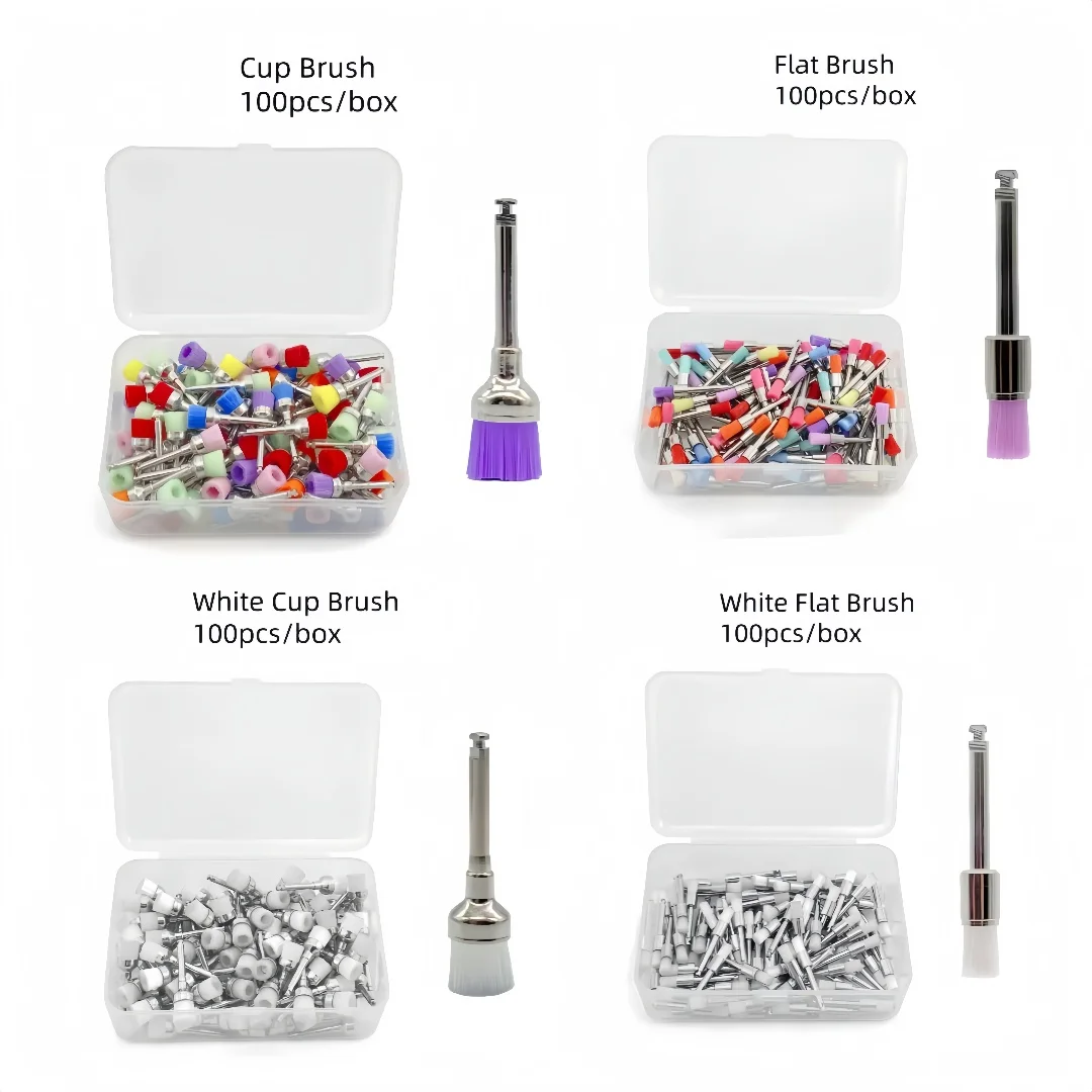 

100 шт./кор. одноразовые стоматологические нейлоновые щетки для полировки, разноцветные белые щетки, чашки, плоские головки, сменные головки для полировки зубов