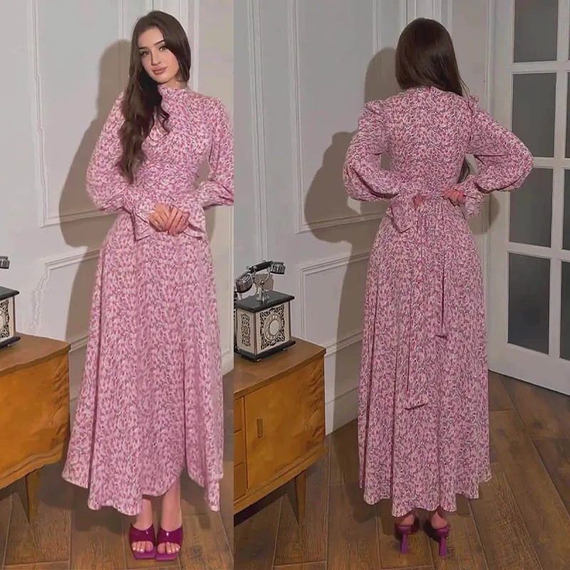 2024 Flowers Printed Long Woman Dress Long Sleeve Satin Ladies Clothing Half High Collar With Belt Maxi Vestido Gentle Style