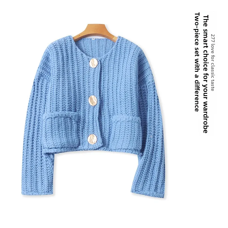 Faionable Knitted Cardigan Sweater round Ne Long Sve Thi Yarn ort Sle Women's Autumn New Arrival Tee Button De...