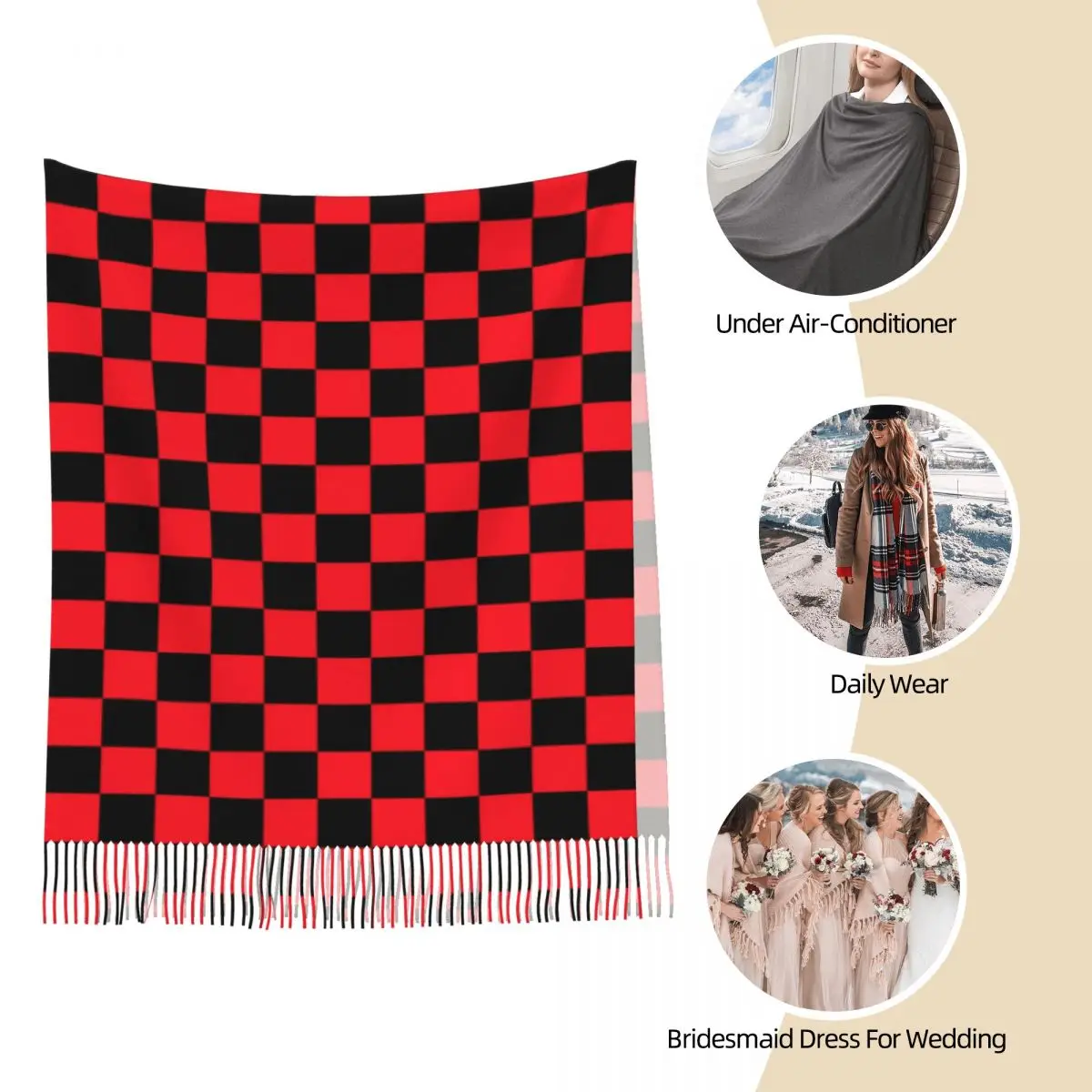 Red Checkerboard Shawl Wraps Womens Winter Warm Long Soft Scarf Nodic Geometry Christmas Neckerchief Shawl Scarves