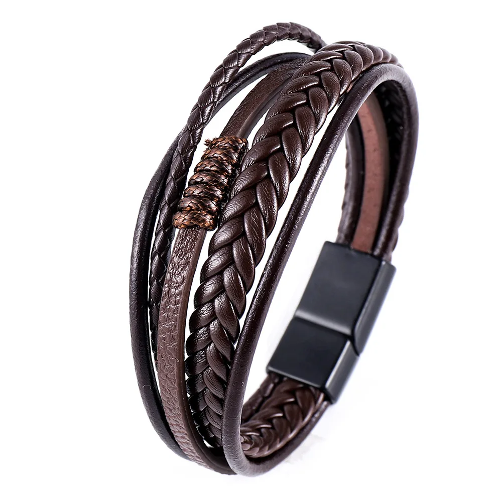 Mehrschichtige geflochtene Seilarmbänder für Männer, klassisches handgefertigtes PU-Lederarmband mit Magnetverschluss, trendiges Punk-Schmuckgeschenk