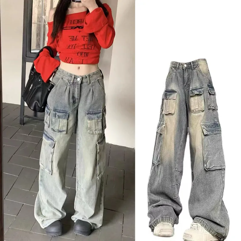 Damskie spodnie dżinsowe w stylu retro, amerykańskie, niebieskie, luźne, z prostymi nogawkami, robocze, modne, długie, z niskim stanem.