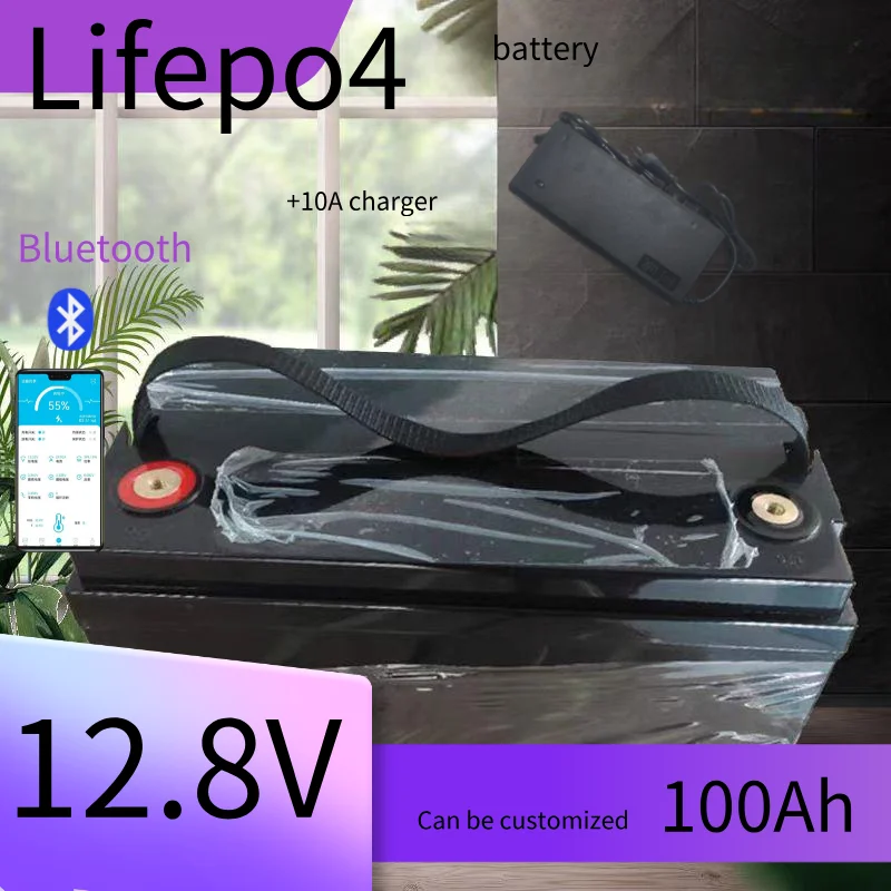 12V lithium battery bluetooth APP 4S 12.8V 100AH lifepo4 battery for Solar energy storage EV RV inverter +10A Charger