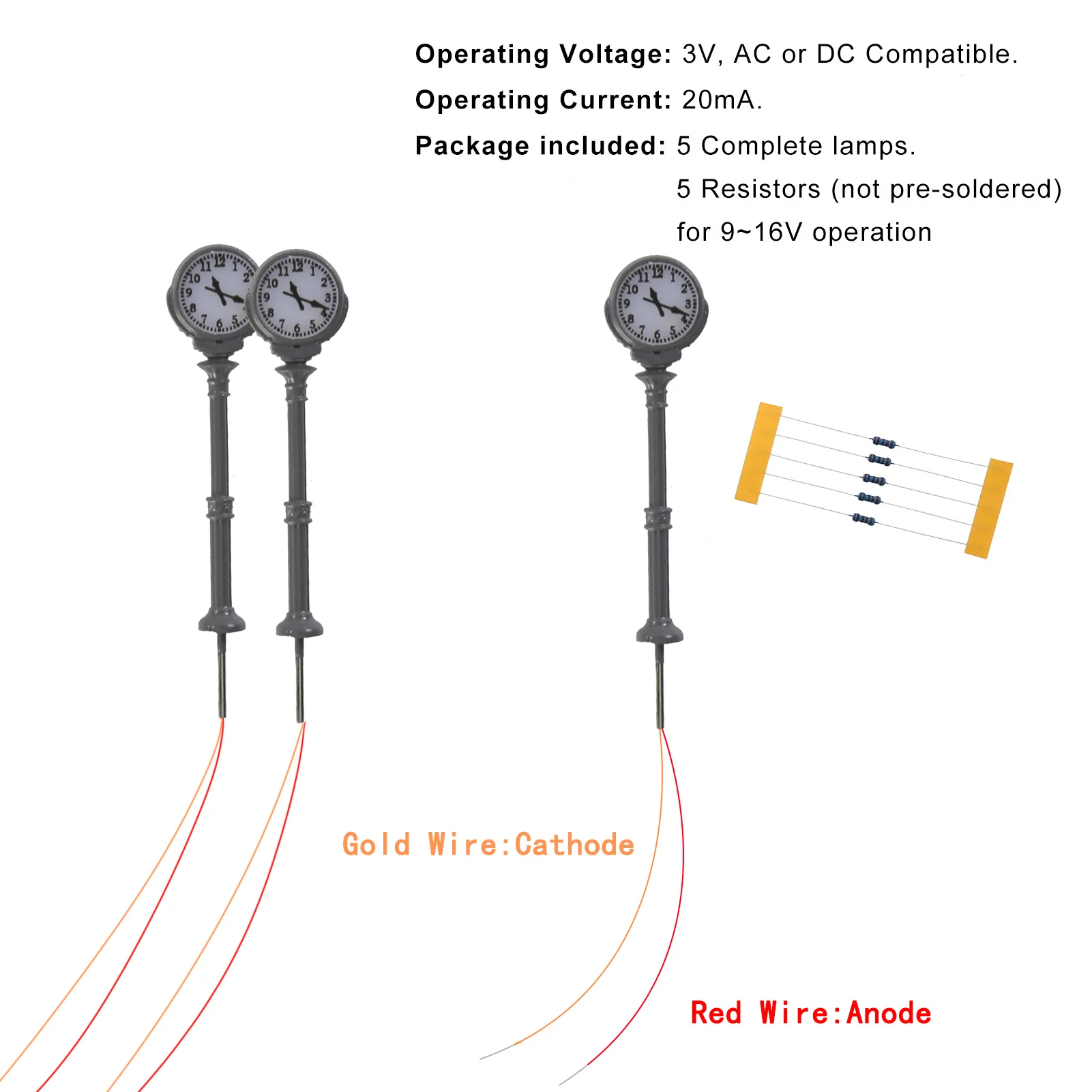 Evemodel - Juego de 3 Lámparas de Columna Romana Metálicas Escala N HO, Color Gris, con LED Blanco Cálido para Modelos de Estaciones Ferroviarias, Resistencias para 12V LD28