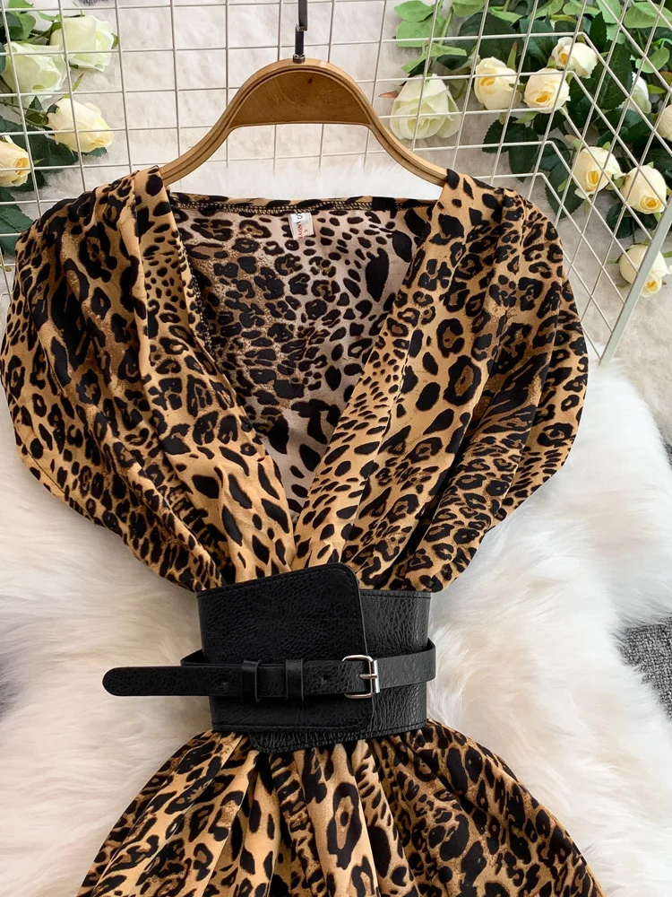 

Ele Leopard Print Sexy V-ne Batwing Sve One-piece Pants Women's Summer New Slimming Wide Leg Long Pants