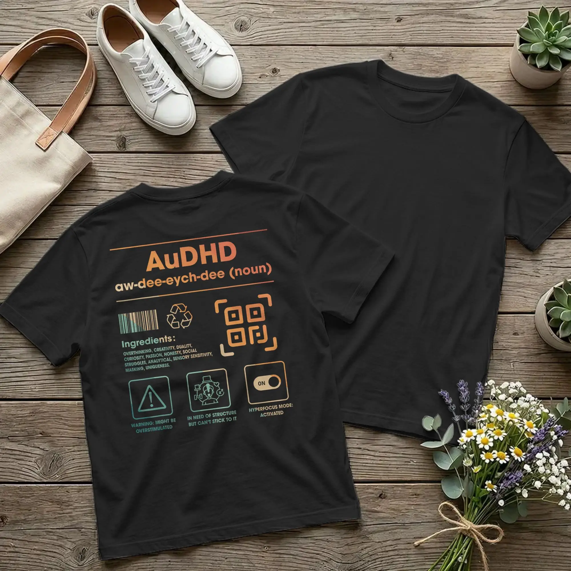 Backprint AuDHD Definition Ingredients Neurodivergent T Shirt Men Cotton Casual T-Shirts Crew Neck ADHD Autism Tees Clothes