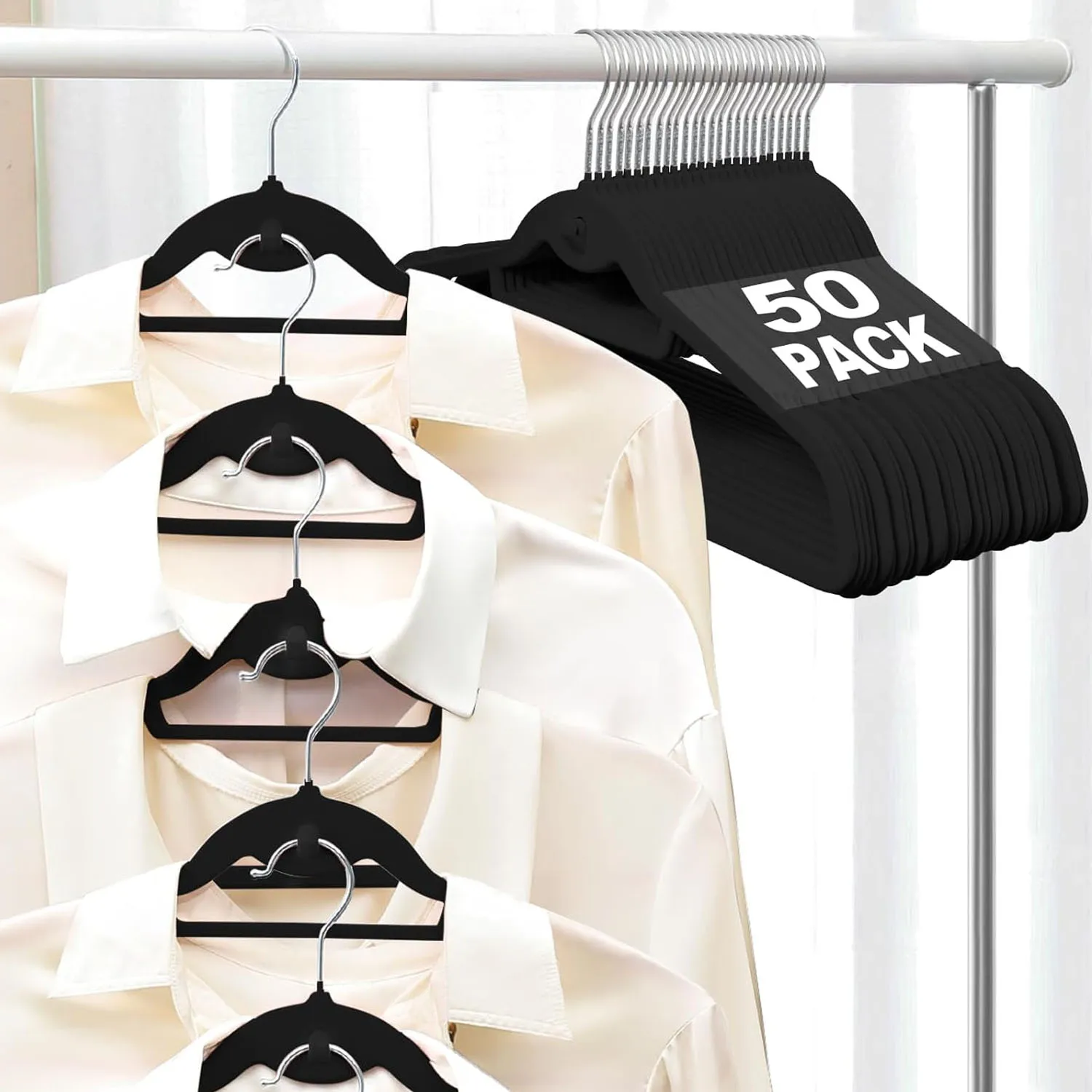 شماعة مخملية سوداء للملابس والسراويل والمعطف وخزانة تخزين وخطاف ورأى شماعات غير قابلة للانزلاق ومنظمات مساحة لتوفير المنزل #2