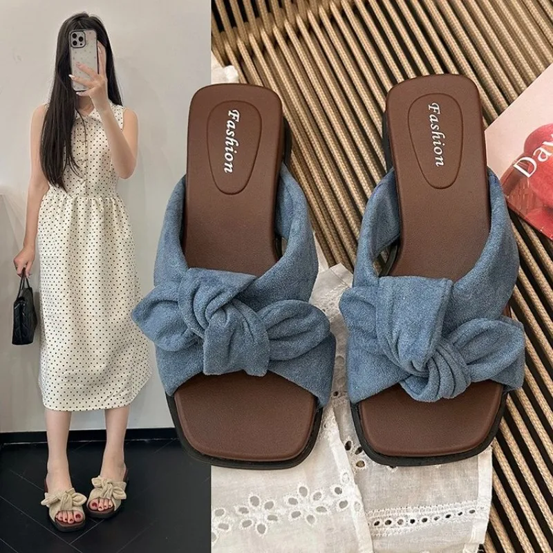Comfortable Flat Bottom Sandals Women's Summer New Butterfly Knot One Strap Fashionable All-Match Soft Bottom Beach Cool Sandals