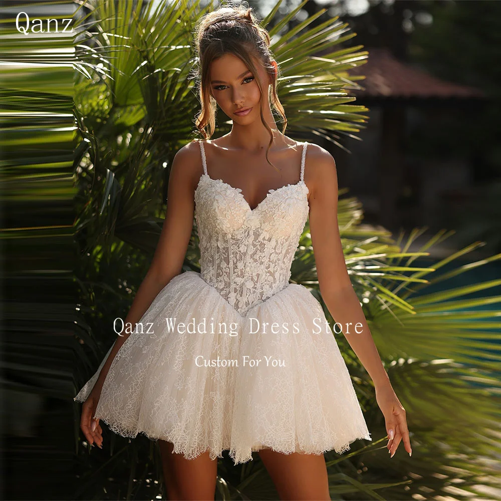 

Qanz Ivory Wedding Dress Delicate Lace Appliques Short A Line Bridal Gowns Spaghetti Straps Mini Robe De Mariée Customized