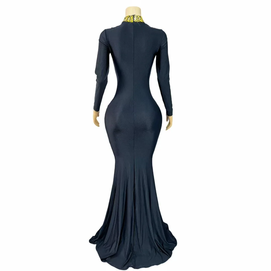 Women Luxury Black Cut Out Gold Diamonds Collar Pleated Maxi Long Elegant Celebrity Evening Party Dress For 50-60 Years Ladies