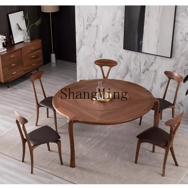 

HJ new modern black walnut solid wood household round dining table combination with turntable dining table