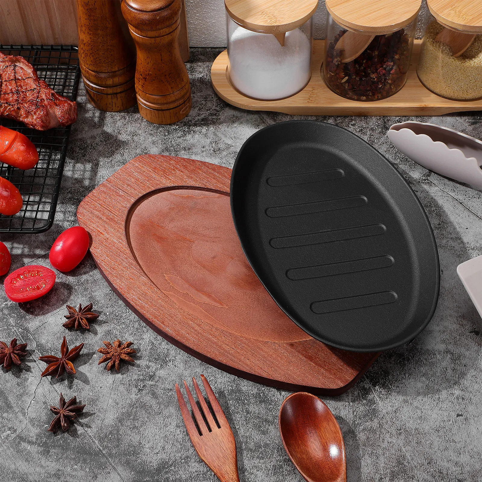 1Set Heavy Duty Cast Iron Steak Pan Grill Pan with Natural Wood Tray for Home Restaurant Outdoor Bbq Cooking Grilled Fish Fries