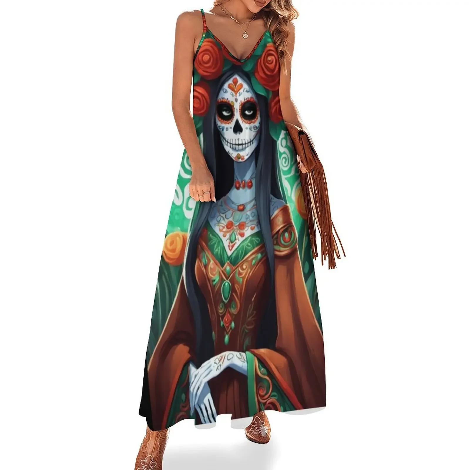 

Dia de los Muertos Brunette Lady with Brown Gown Sleeveless Dress dresses women summer 2025 Woman clothes