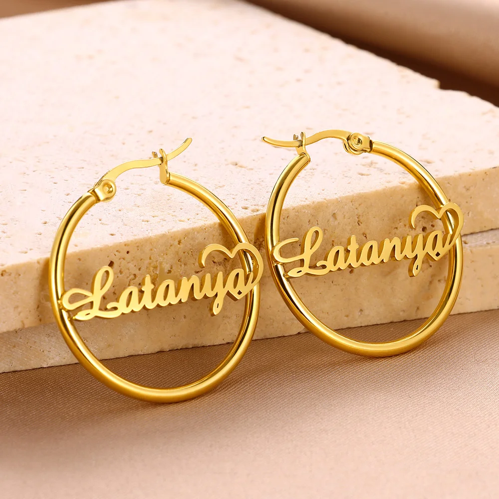 

Custom Name Heart Hoop Earrings For Women Stainless Steel Metal Huggies Fashionable Retro Jewelry Ladies Personalised BFF Gift