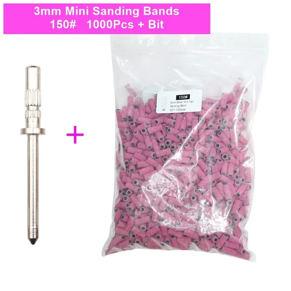 1000 pçs 3mm rosa quente mini zebra lixa bandas com mini mandril de metal aço inoxidável prego brocas mandril manicure elétrica