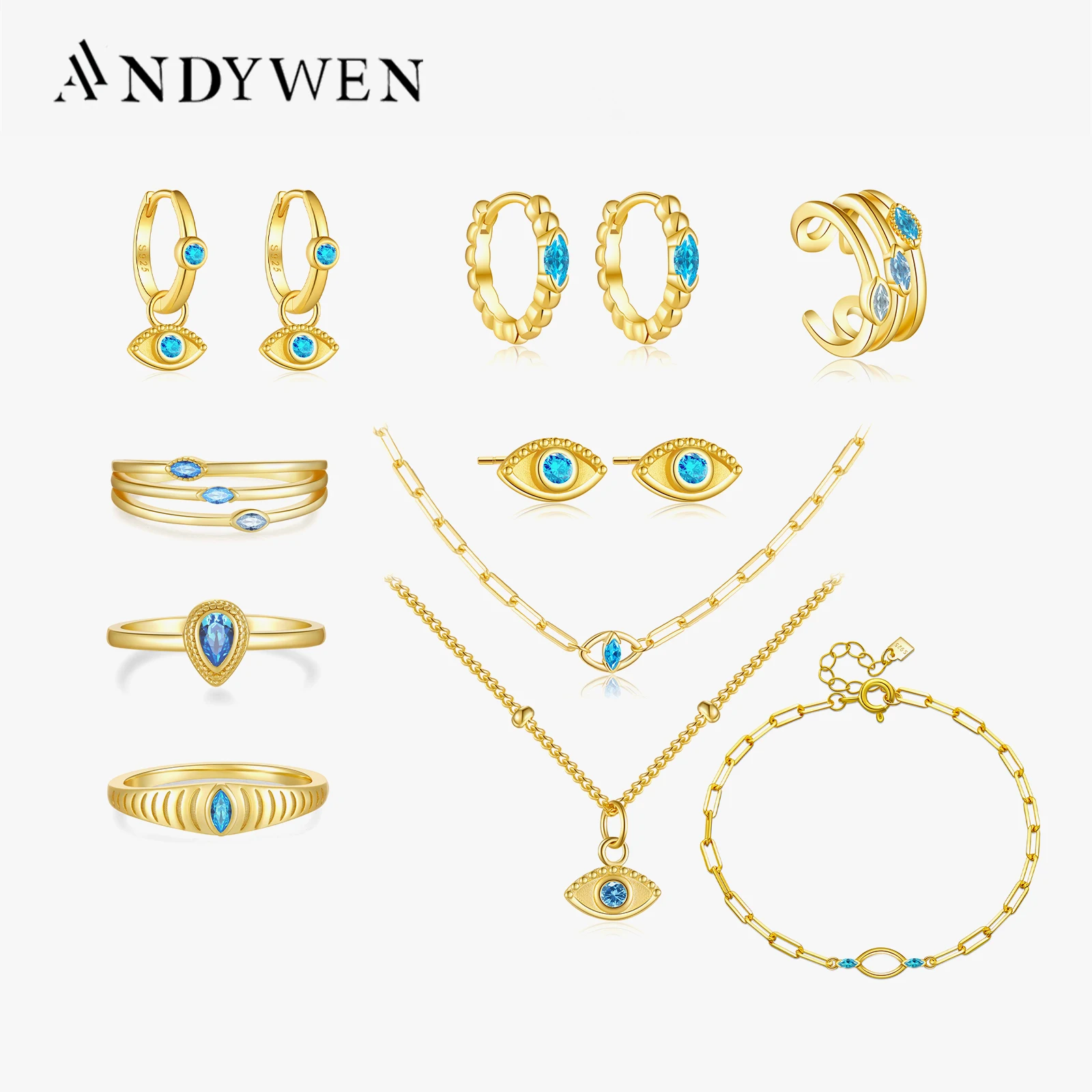 ANDYWEN 925 Sterling Silver Blue Zircon CZ Piercing Cuff Stud Earring Drop Pendiente Bracelet Ring Necklace Choker Jewelry Set