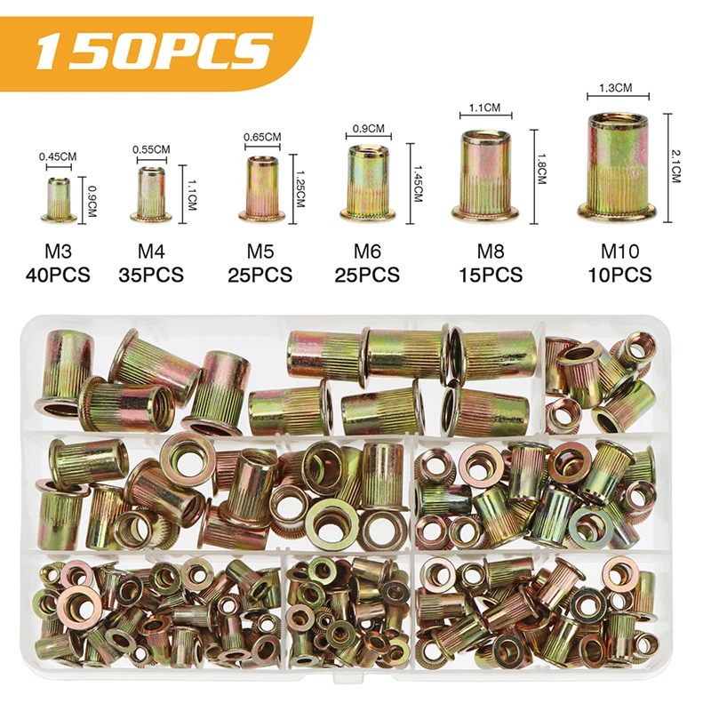 175/150/93pcs заклепочник Carbon Steel Threaded Insert Rivet Nuts M3 M4 M6 M8 M10 Flat Head Riveting Nuts Cap Insert Set