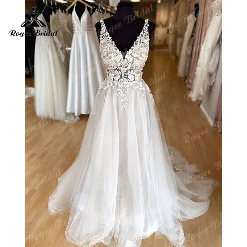 Robe Vestido Wedding Dress Unlined Bodice FLowy A Line V Neck Sleeveless Floral Vestaglia Donna Open Back Bridal Gowns Trouwjurk