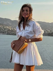 Clacive Fashion Loose White Cotton Women's Dress 2025 Casual Lapel Long Sleeve Mini Dresses Elegant Classic Pleated Female Dress