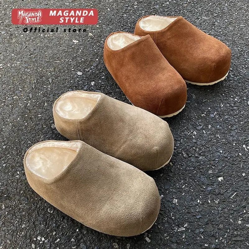 Anti suede leather toe slippers for winter warmth lazy people Boken shoes with plush big head bread shoes for men