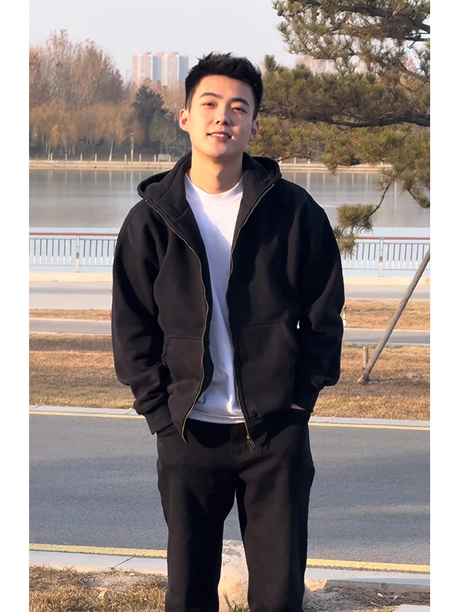 

Cleanfit Black Hooded Open Cardigan Jacket for Teens Heavyweight Zipper Men's Fashionable Boxy Sweatshirt Spring Outerwear