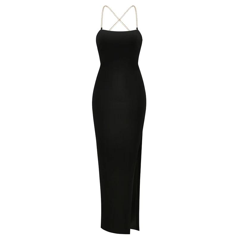 Temperament Black Backless Metal Chain, Shoulder Straps Sexy Slip Dress, Skinny Slit Party Dress Dress Long