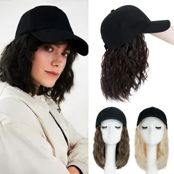Snoilite Synthetic Black Baseball Cap with Hair Extensions Curly Wavy Short Bob Hairstyle Adjustable Hat Wig for Women Girl